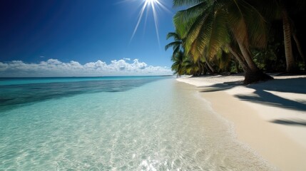 Fototapeta premium Pristine tropical beach scene. Crystal-clear turquoise water gently lapping onto a pristine white sand shore, shaded by lush palm trees under a vibrant azure sky