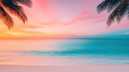 Breathtaking tropical sunset over a tranquil beach with silhouetted palm trees, perfect for evoking feelings of summer travel and relaxation.