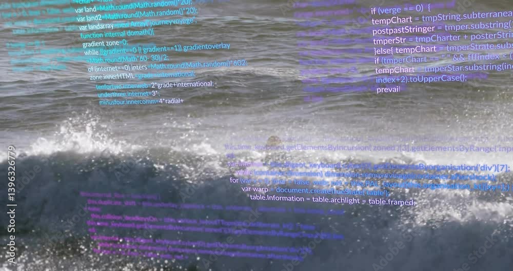 Poster animation of computer code overlaying ocean waves, blending technology with nature