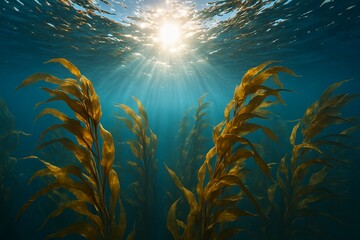 Fototapeta premium Sunlight Filtering Through Verdant Kelp Forest in Pristine Ocean Waters