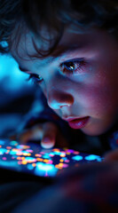 Gen Alpha Child. child gazes intently at glowing screen in dimly lit room, captivated by vibrant colors and alpha patterns