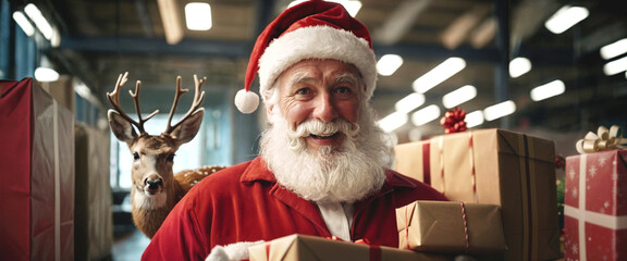 santa with deer and gifts in workshop