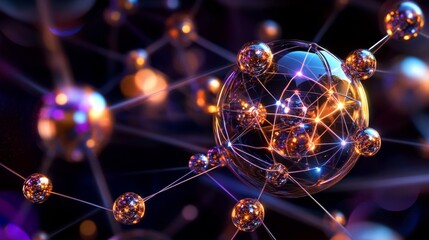 Spheres connected by lines, creating a network of golden and purple bokeh dots