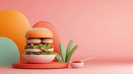 Double Decker Burger in Pastel Pink Setting with Abstract Shapes