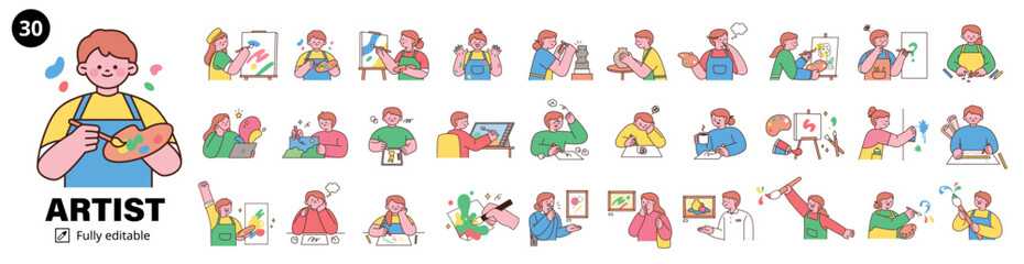 Flat illustration bundle of 30 artist characters doing creative activities like painting, sculpting, thinking, and analyzing art. Perfect for education and design.