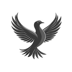 Obraz premium Stylized Black and White Silhouette of a Graceful Bird in Flight with Outstretched Wings on a Transparent Background