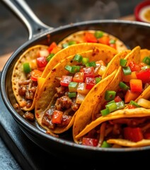 Sizzling skillet of spicy tacos al pastor with bell pepper salsa, chipotle, vibrant, food