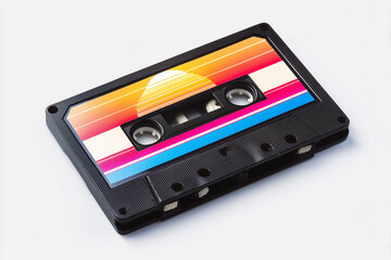 Obraz premium Vibrant retro cassette tape with sunset design on white background capturing nostalgia and music culture