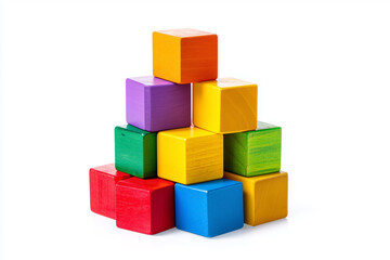 Obraz premium Colorful wooden blocks arranged in a playful pyramid on a white background