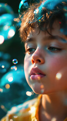 Gen Alpha Child. thoughtful child gazes at floating bubbles in dreamy, colorful setting