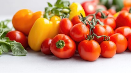 Fresh Tomatoes with Bell Peppers and Basil Vibrant Natural Style High-Resolution Close-up Shot Ripe Juicy Produce Farm-Fresh Ingredients Bright Red and Yellow Ideal for Food Blogs