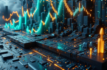 Fototapeta premium Futuristic digital cityscape with glowing cyan and orange lines overlaid, resembling data flow or graphs, against a dark backdrop.
