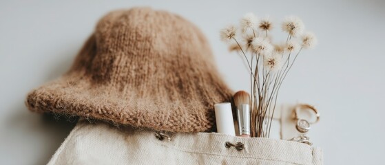Cozy Autumn Flatlay  Knit Hat  Makeup  Dried Flowers  Bag