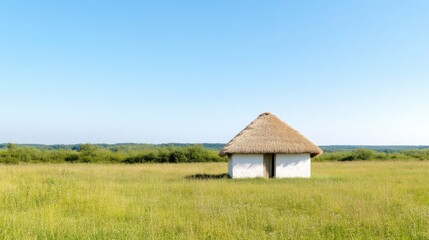 Obraz premium Simple thatched cottage in a field under a clear sky