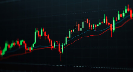 A detailed view of a stock market chart with red and green candles against a dark background