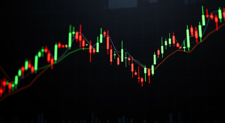 A close up view of a stock market chart with red and green candlesticks on a dark background