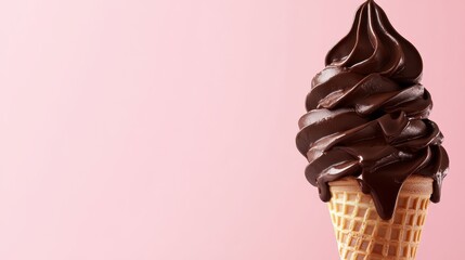 Dripping chocolate soft serve ice cream cone on a soft pink background, with ample room for text in your next promotional campaign