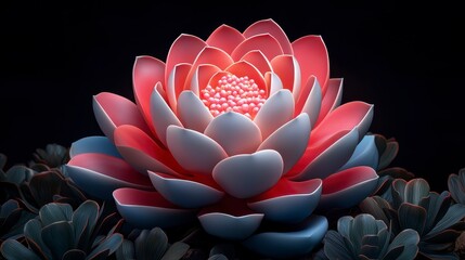 Glowing Pink and White Pixelated Lotus Flower on Dark Background
