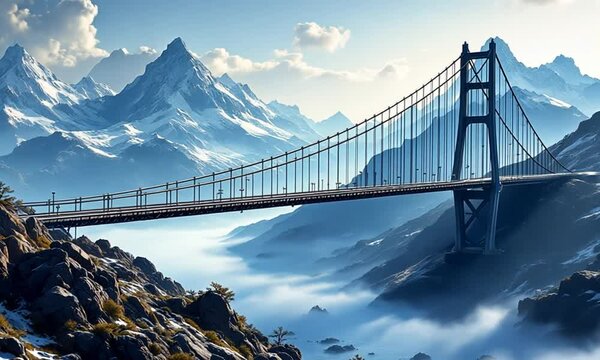 Mountain Bridge Scene; Highway Over Misty Valley; Scenic View; Stock Photo