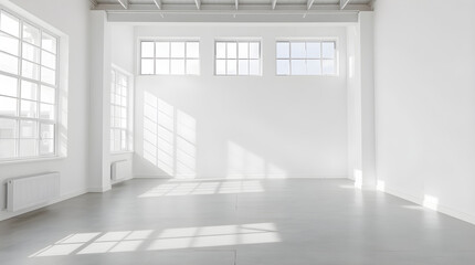 Fototapeta premium Empty modern loft interior with big windows and sunlight creating shadows on the floor
