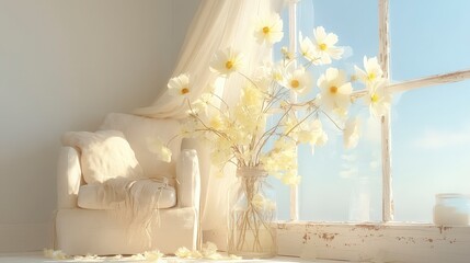 Serene White Room Decor  Armchair  Flowers  Window Light
