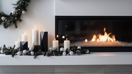 Modern holiday mantelpiece sleek black white decor geometric candles minimalist garland and a warm flickering fire creating a festive mood
