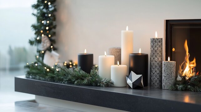 Modern holiday mantelpiece sleek black white decor geometric candles minimalist garland and a warm flickering fire creating a festive mood