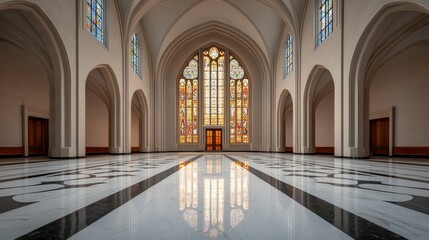 Fototapeta premium Grand Hall Interior with Stained Glass and Reflective Floor