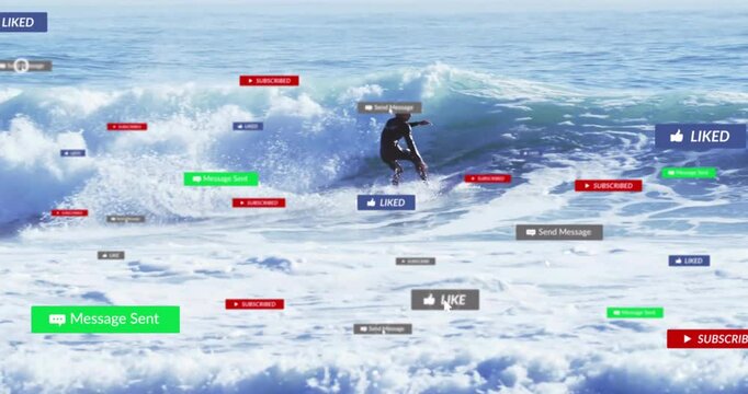 Animation of surfer riding wave with social media notifications in ocean scene