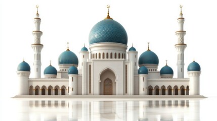Obraz premium Grand White Mosque with Blue Domes and Minarets Reflecting on Clear Surface