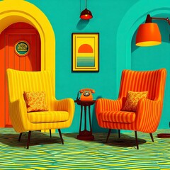 Mid Century Modern Interior Design  Retro Chairs  Sunset Art