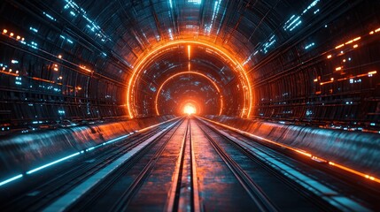 Futuristic train tunnel, glowing lights, tracks, portal, transport