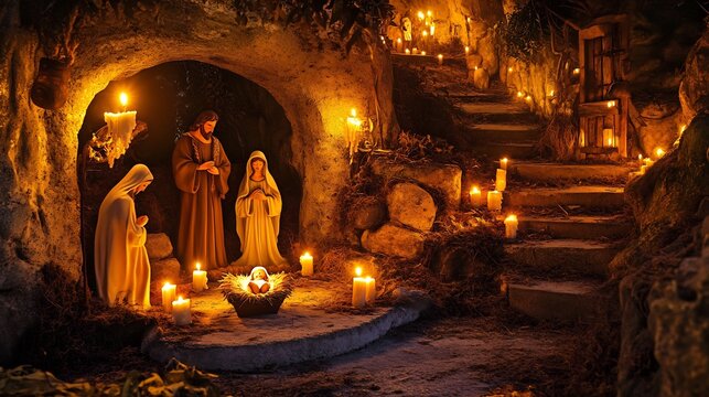 Nativity scene Mary Joseph and baby Jesus A beautifully detailed nativity setup with warm candlelight and rustic surroundings