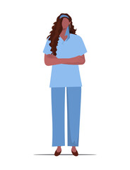  Cute young African American woman nurse in medical uniform standing with arms folded on her chest. Vector illustration Not AI generated