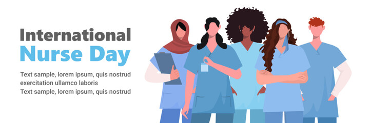  International Nurses Day. Celebrated annually in 12 May. Multiethnic nurse characters group. Banner for social media, card, poster. Vector illustration Not AI generated