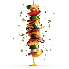 a realistic 3D scene of a flying grilled vegetable skewer, with charred peppers, zucchini, 