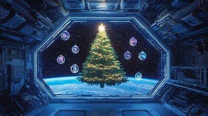 Neon lit Christmas tree floating a zero gravity space station surrounded by holographic ornaments