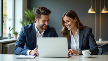 Fototapeta premium Happy Male and Female Executives Collaborating on Financial Project in Office