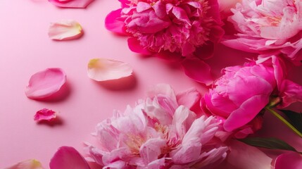 Fototapeta premium Close-up of blooming pink peony flowers and scattered petals on soft floral background. Elegant pastel composition symbolizing beauty, romance, nature, freshness, and spring season aesthetics