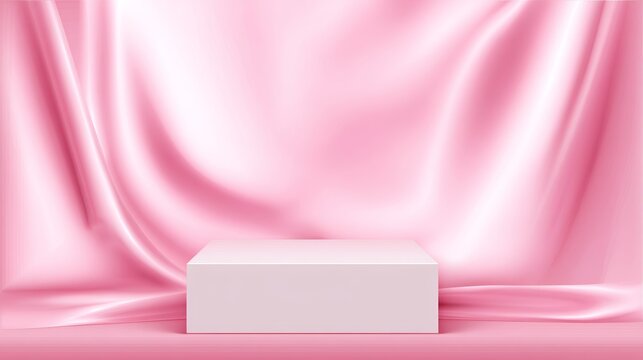 Elegant pink satin smooth fabric background with 3D podium in the center, perfect for showcasing products, promotional events, creating clean, professional backdrops for design, text-based concepts