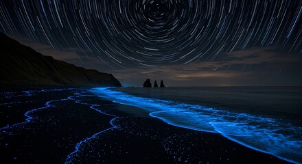 Bioluminescent Plankton Illuminating A Midnight Shoreline Electric Blue Waves Crashing On Black...