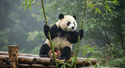 Giant Panda Cub Climbing Bamboo Stalks Black Patches Contrasting With Fresh Green Shoots Soft Focus On Misty Mountain Habitat