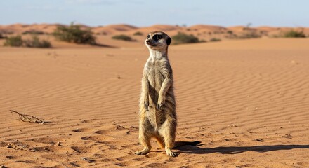 Meerkat Sentinel Standing Erect In Kalahari Desert Sharp Claws Visible On Raised Forepaws Parched Earth Stretching To Distant Dunes