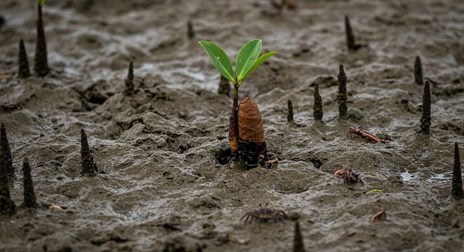 Mangrove Propagule Piercing Tidal Mud Embryonic Roots Emerging From Cigar Shaped Fruit Fiddler Crabs Nearby In Brackish Water