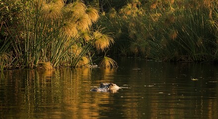 Papyrus Reeds Along Nile Tributary Feathery Seed Heads Filtering Afternoon Light Crocodile Eyes...