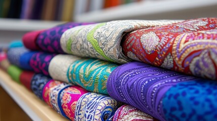 Fototapeta premium Colorful Rolls of Decorative Textiles on Wooden Shelf Display