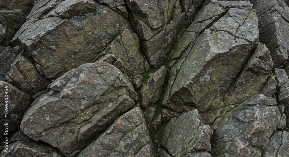 Poster rock formation with lichen texture and crevices for climbing adventure