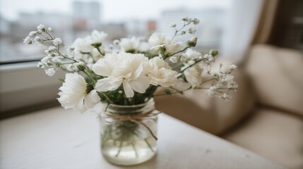 White Carnations   Baby s Breath in Glass Jar  Minimalist Home Decor  Flower Arrangement