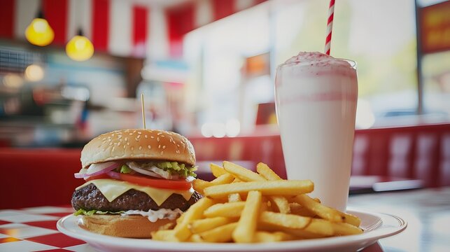 Classic diner meal featuring a cheeseburger with fries and a milkshake served on a checkered table and red retro booth backdrop.