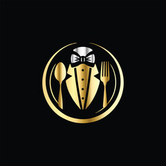 Obraz premium Restaurant logo design vector template. Luxury restaurant logotype. Tuxedo logo template vector illustration. Elegant elegant suit with bow tie and fork. 